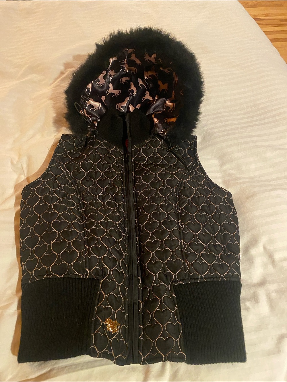 Betsey Johnson Black Quilted Heart-Pattern Vest with Faux Fur-Trim Hood